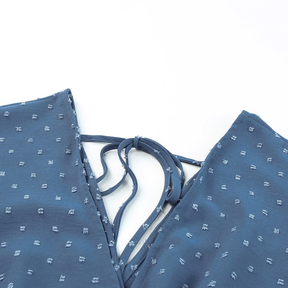 Sky Blue Swiss Dot V Neck Wrap Beach Dress - Picture 12 of 16